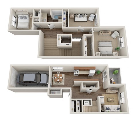 a floor plan of a three bedroom townhome in Olympia, WA.